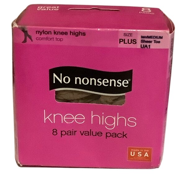 No Nonsense Nylon Knee Highs 8 Pair Pack Sheer Toe Comfort Top Size Plus USA - Picture 1 of 5